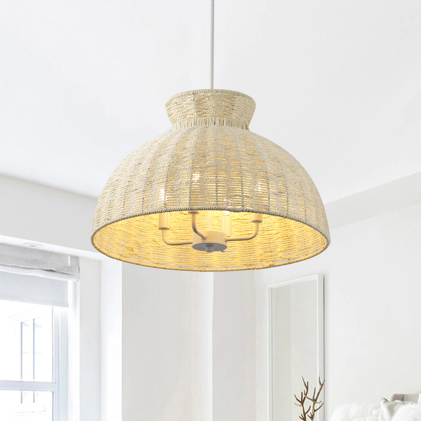 Dewdrop 4 Light Japandi Style Pendant Light Nordic Rattan Fixture ETL Certified for Living Room Bedroom