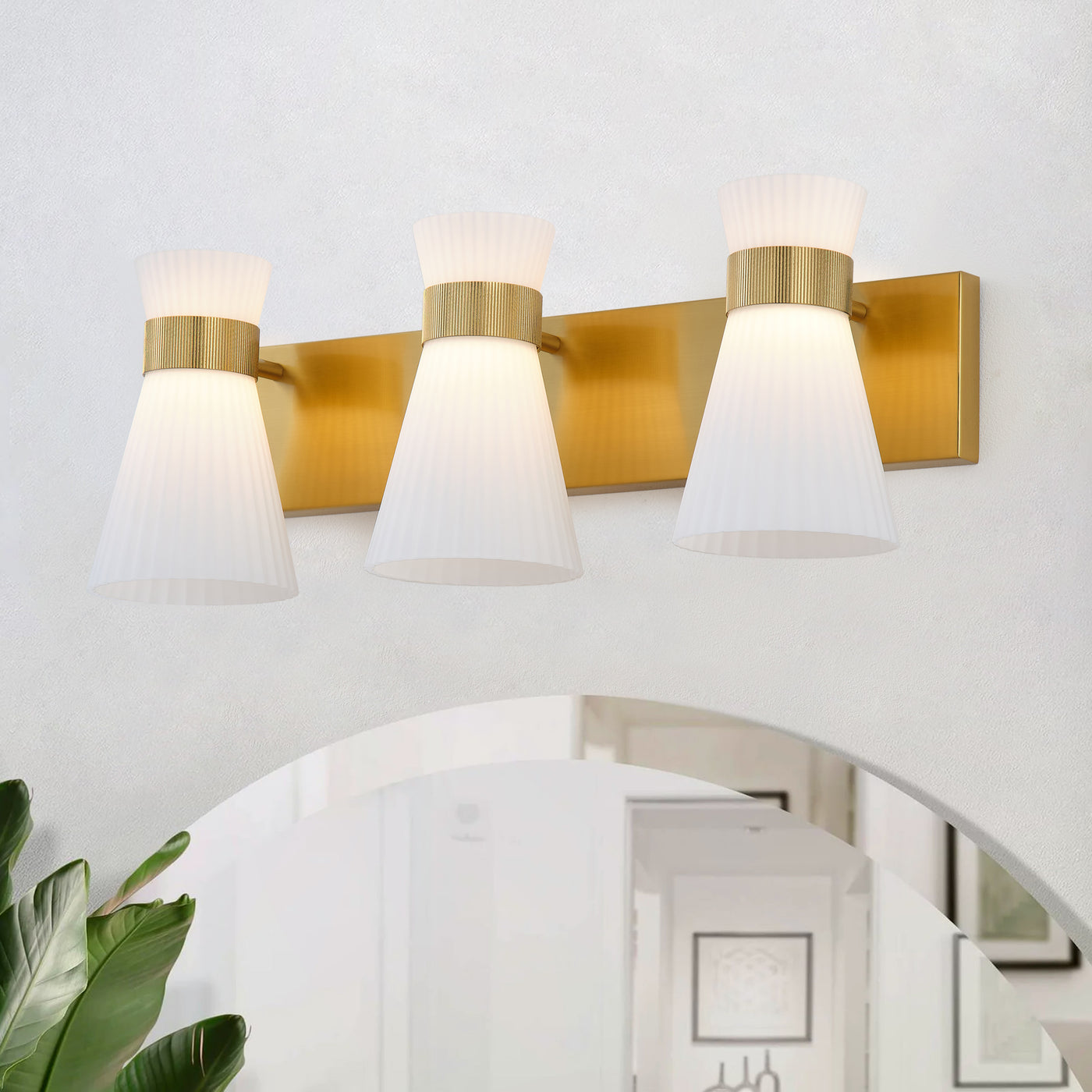 1 Light Mid Century Modern Brass Wall Sconce Flared Glass Shade Warm 3000K LED ETL Certified for Bedroom Corridor