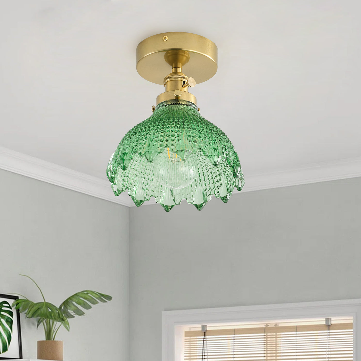 1-Light Mid-Century Semi Flush Ceiling Light, Brass Finish, Green Glass Shade,  for Hallway