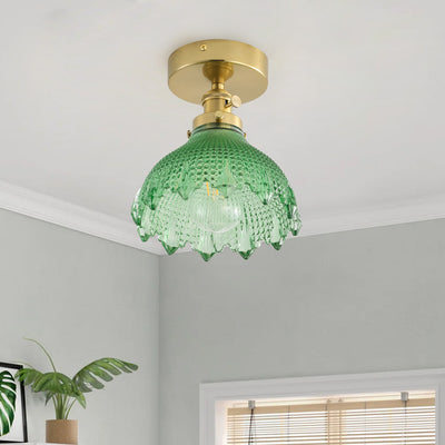 1-Light Mid-Century Semi Flush Ceiling Light, Brass Finish, Green Glass Shade,  for Hallway