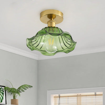 1-Light Retro Green Glass Ceiling Light Fixture, Brass Semi Flush Mount, E26 Vintage Farmhouse Lighting