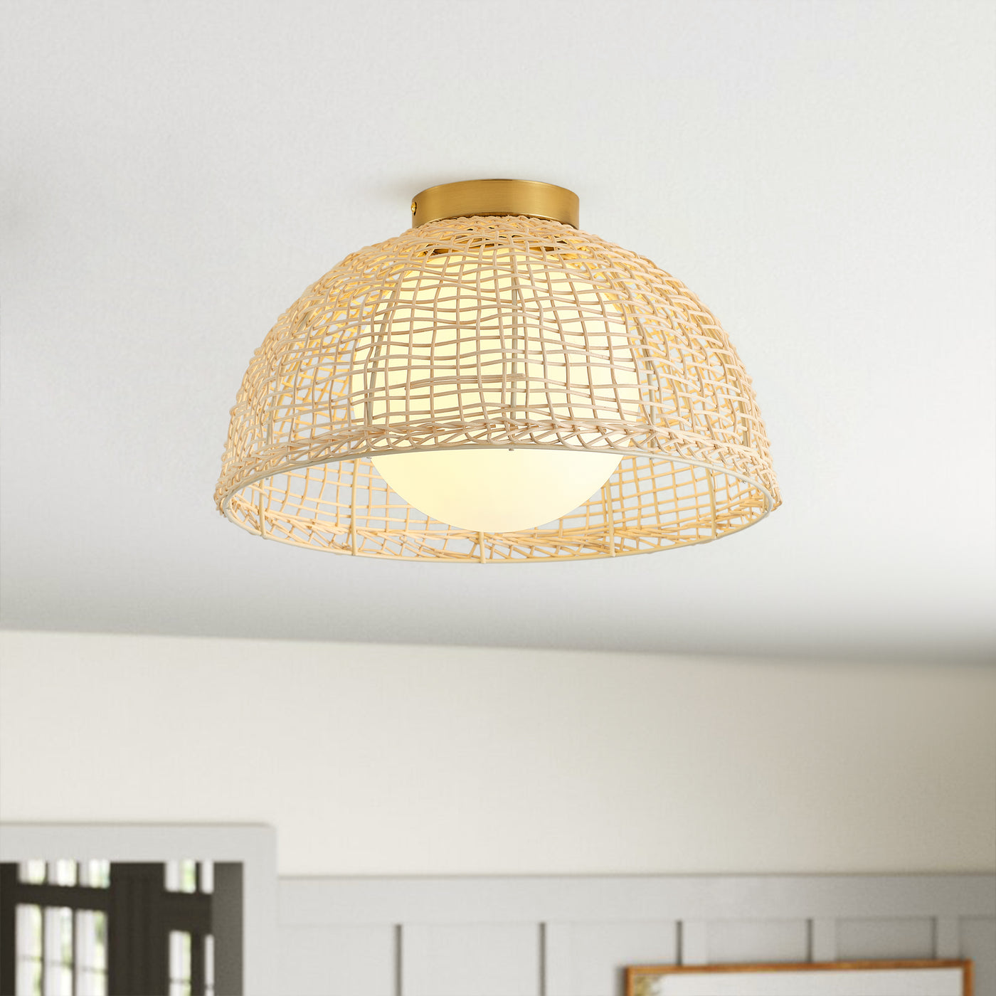 1-Light Boho Rattan Semi Flush Mount Ceiling Light,Frosted Globe