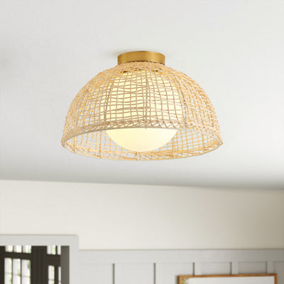 1-Light Boho Rattan Semi Flush Mount Ceiling Light,Frosted Globe