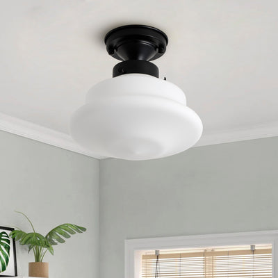 1 Light Retro Classic Semi Flush Mount Light Opal White Glass Shade Matte Black Ceiling Lamp