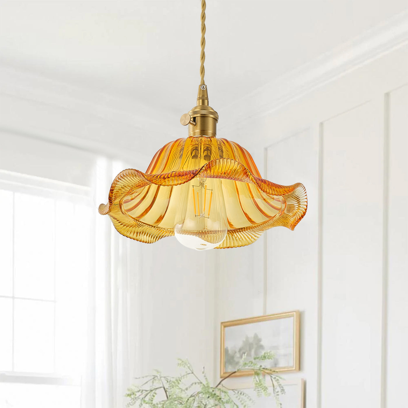 1-Light Modern Amber Glass Pendant Light, Retro Hanging Ceiling Lamp