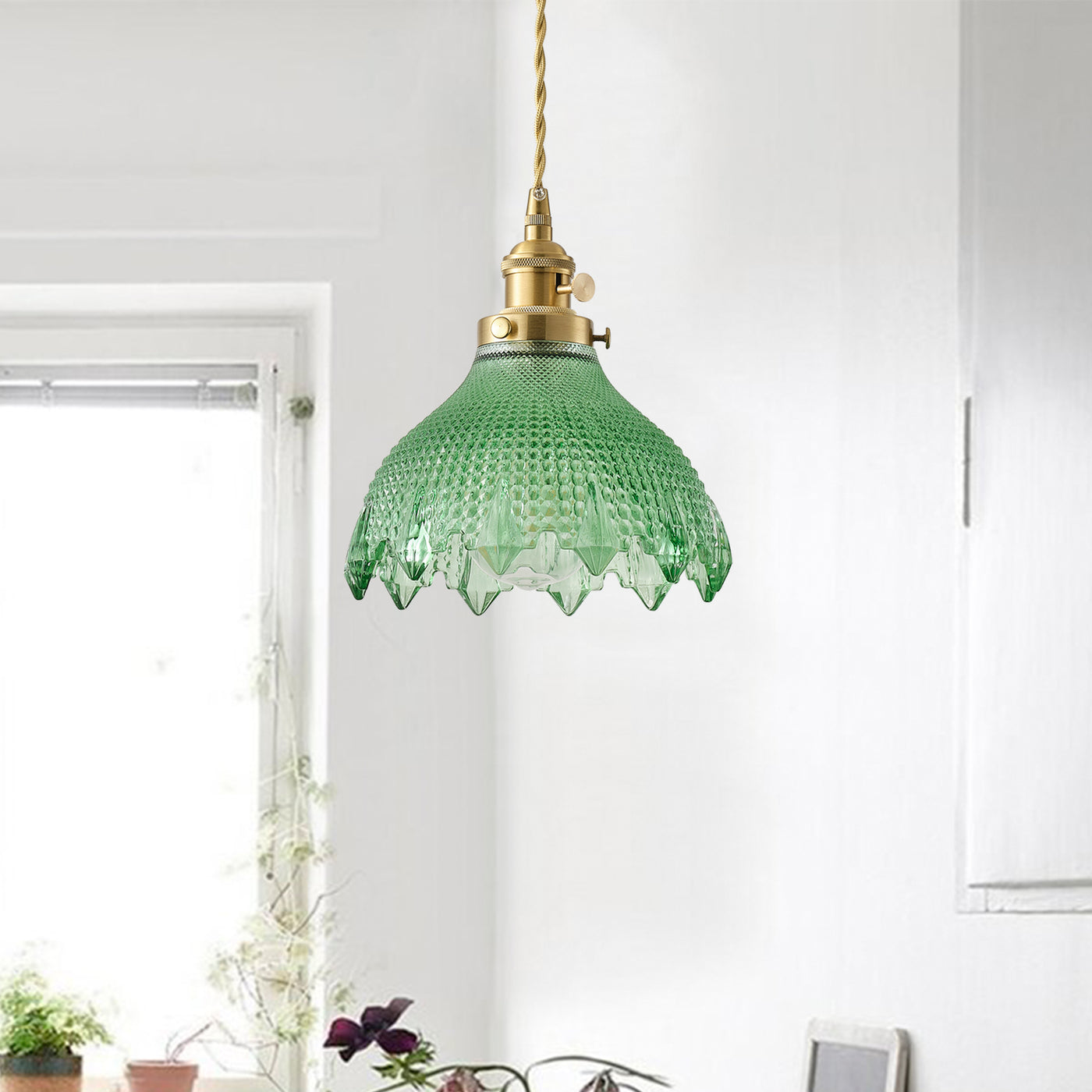1 Light Vintage Style Pendant Light Dewdrop Deep Green Glass Hanging Lamp