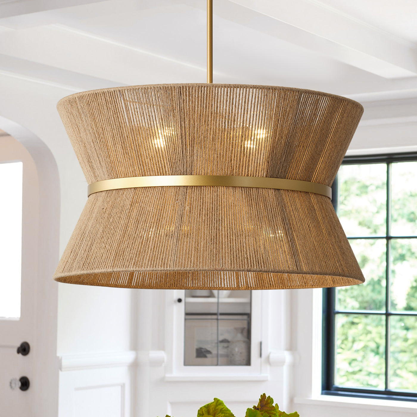 8-Light Boho Drum Pendant Light with Twine Shade Adjustable Hanging Light