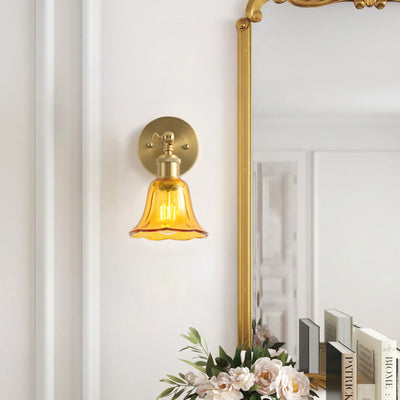1-Light Vintage Wall Sconce, Brass Finish with Amber Glass Shade, E26 Bathroom Vanity