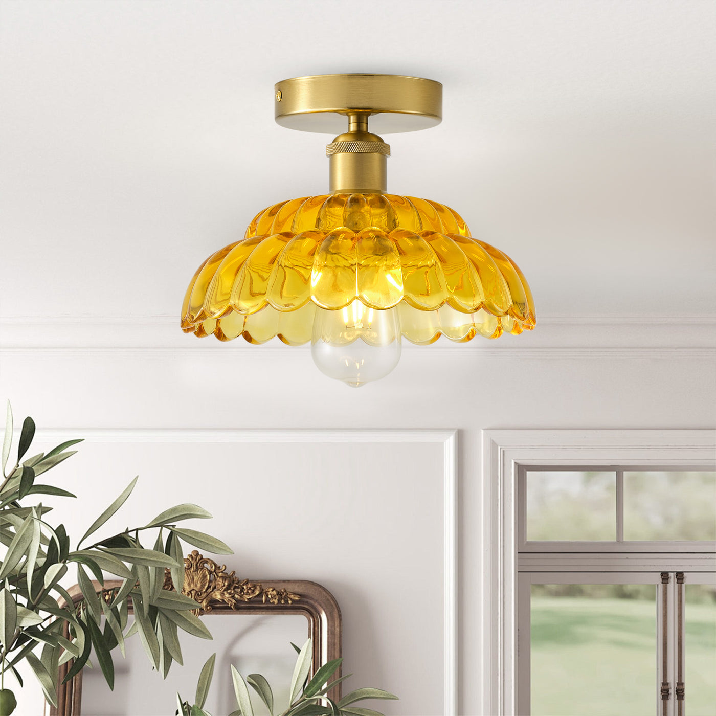 1-Light Modern Vintage Ceiling Light Fixture, Amber Glass Semi Flush Mount with Brass Finish