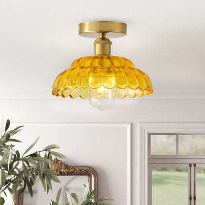1-Light Modern Vintage Ceiling Light Fixture, Amber Glass Semi Flush Mount with Brass Finish