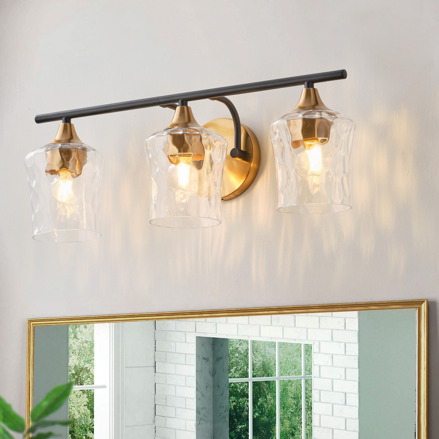 3-Lights Gold With Textured Glass Shade Bathroom Vanity Lighting