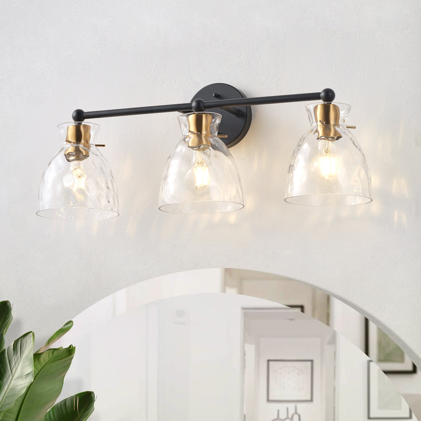 3-Light Modern Mirror Lamp Black with Brass-Textured Glass Dressing Table Lamp