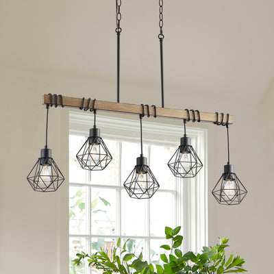 5-Light Farmhouse Chandelier, Rustic Kitchen Island Lighting with Wood Beam and Black Metal Cage Shades