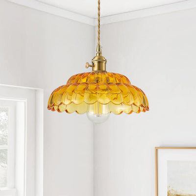 1-Light Vintage Amber Glass Pendant Light with Floral Shade