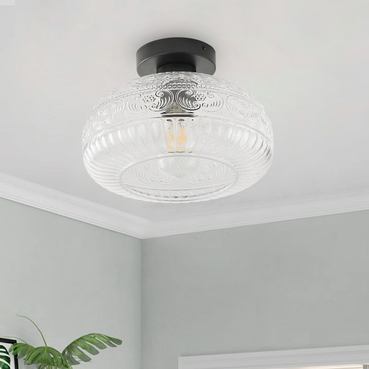 1-Light Industrial Flush Mount, Clear Patterned Glass Dome, Hallway Bedroom Ceiling Light