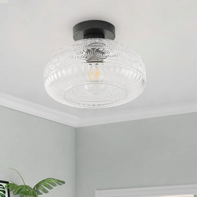 1-Light Industrial Flush Mount, Clear Patterned Glass Dome, Hallway Bedroom Ceiling Light