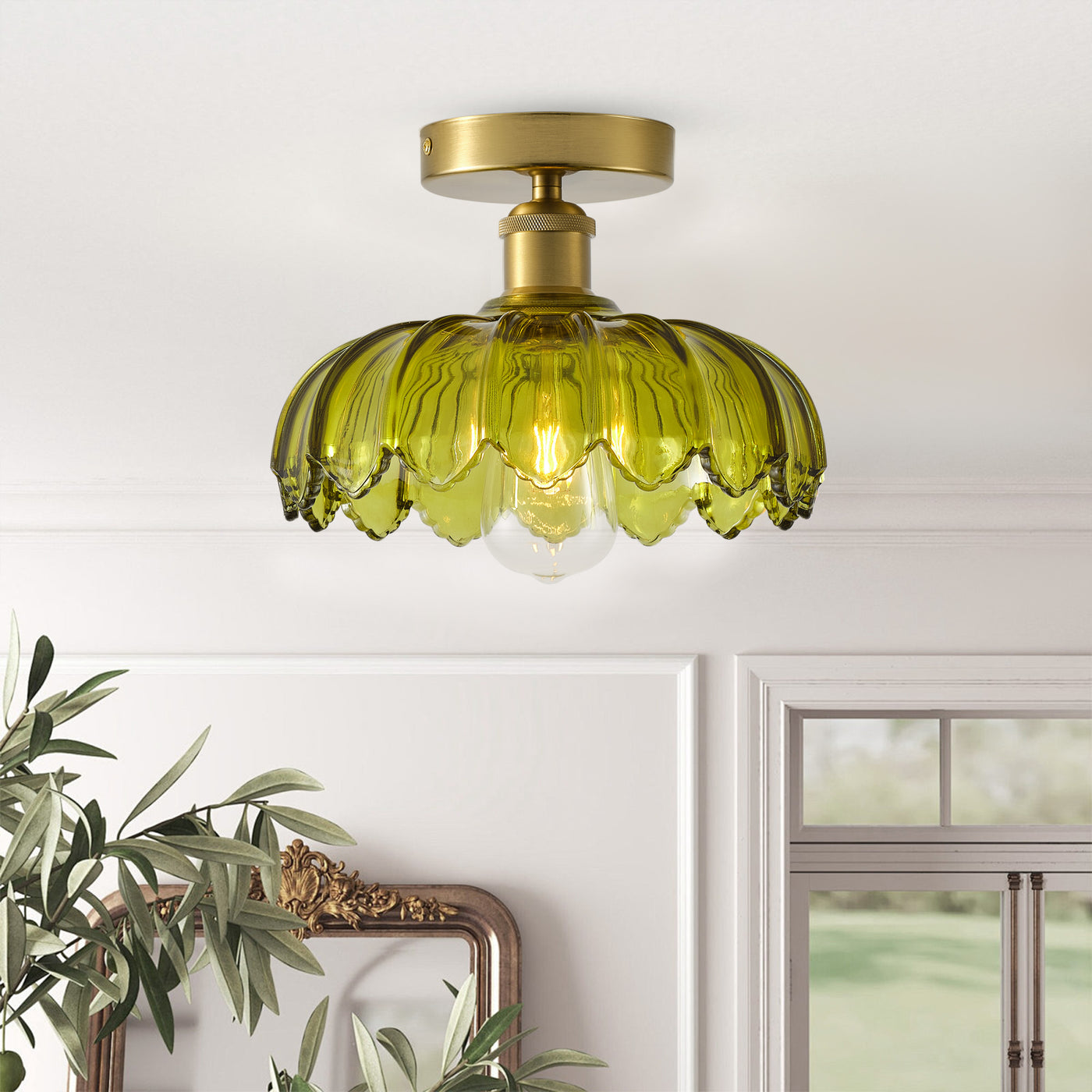 1-Light Semi Flush Mount Ceiling Light, Vintage Green Glass Shade with Antique Brass Base
