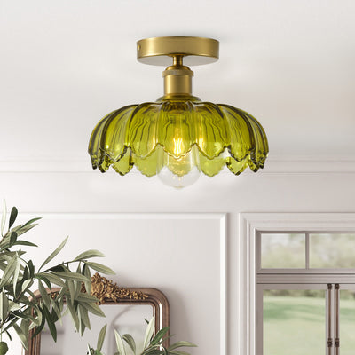 1-Light Semi Flush Mount Ceiling Light, Vintage Green Glass Shade with Antique Brass Base
