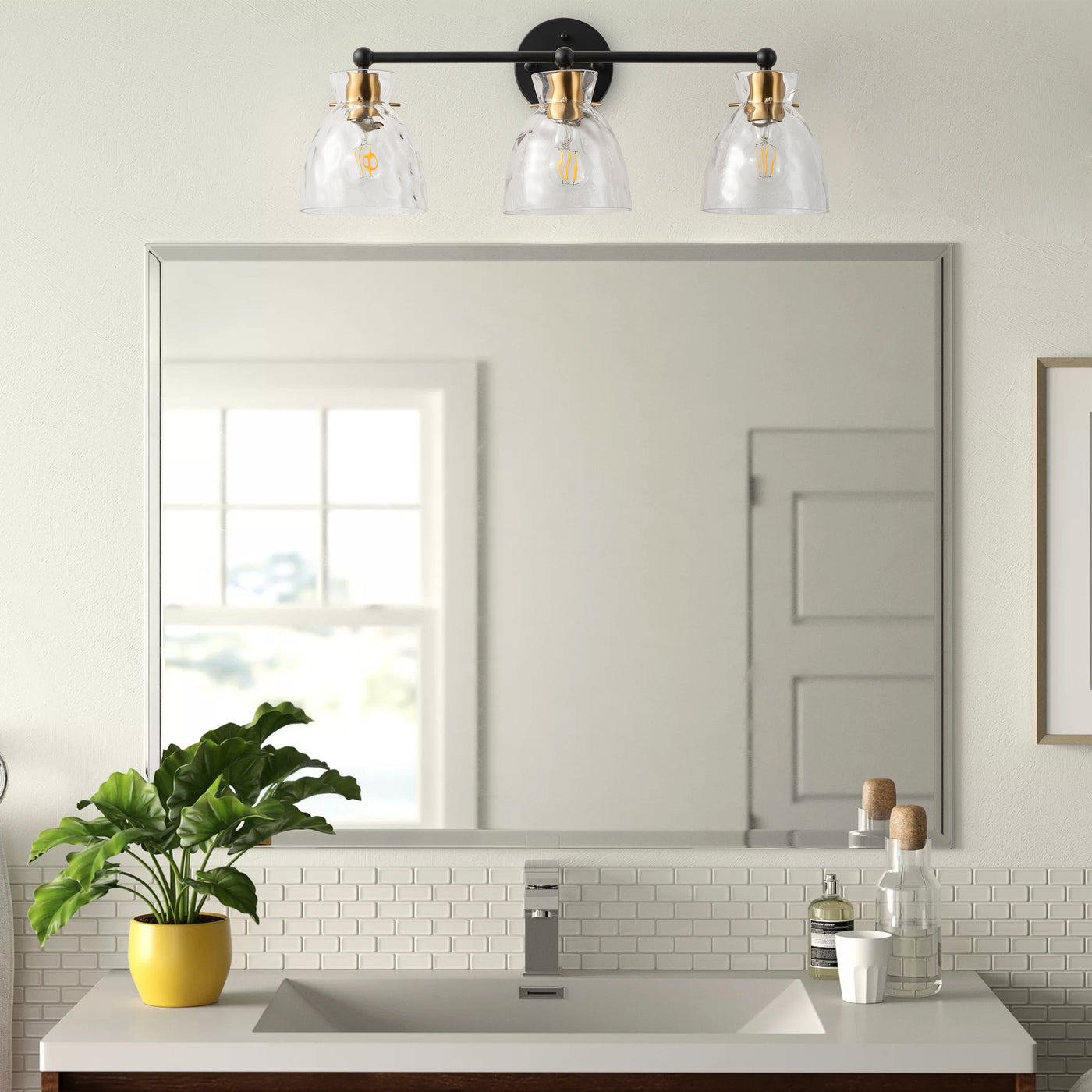 3-Light Modern Mirror Lamp Black with Brass-Textured Glass Dressing Table Lamp