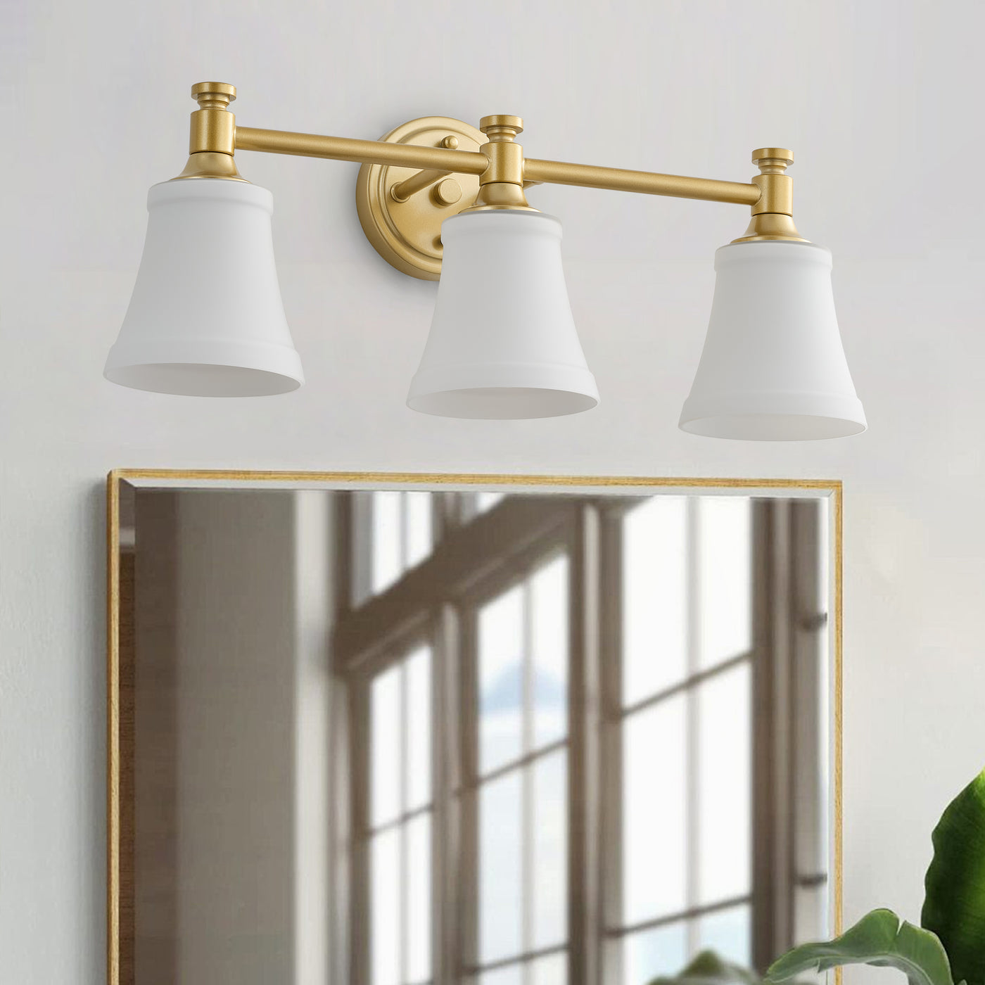 3-Light Bathroom Vanity Light, Antique Brass, Opal Glass ETL Listed