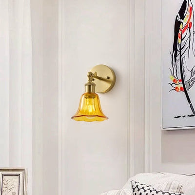 1-Light Vintage Wall Sconce, Brass Finish with Amber Glass Shade, E26 Bathroom Vanity