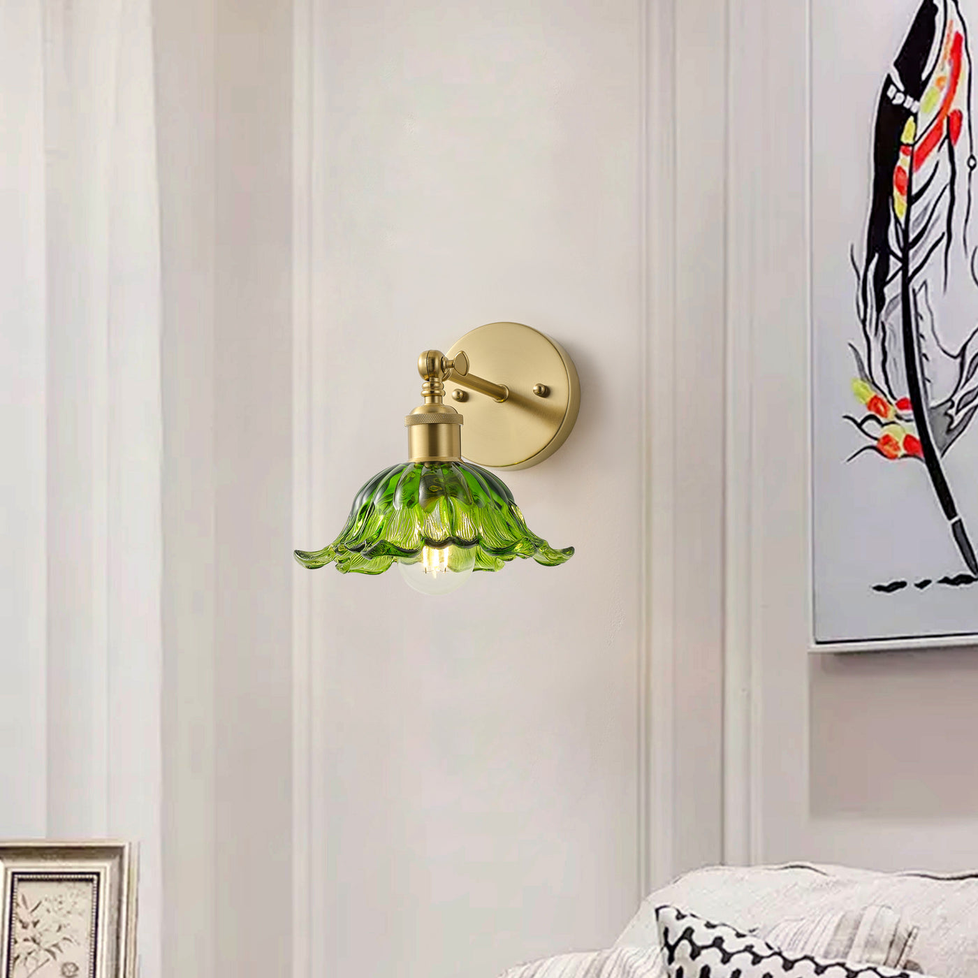 1 Light Vintage Style Green Glass Wall Sconce Dewdrop Brass Vanity Light