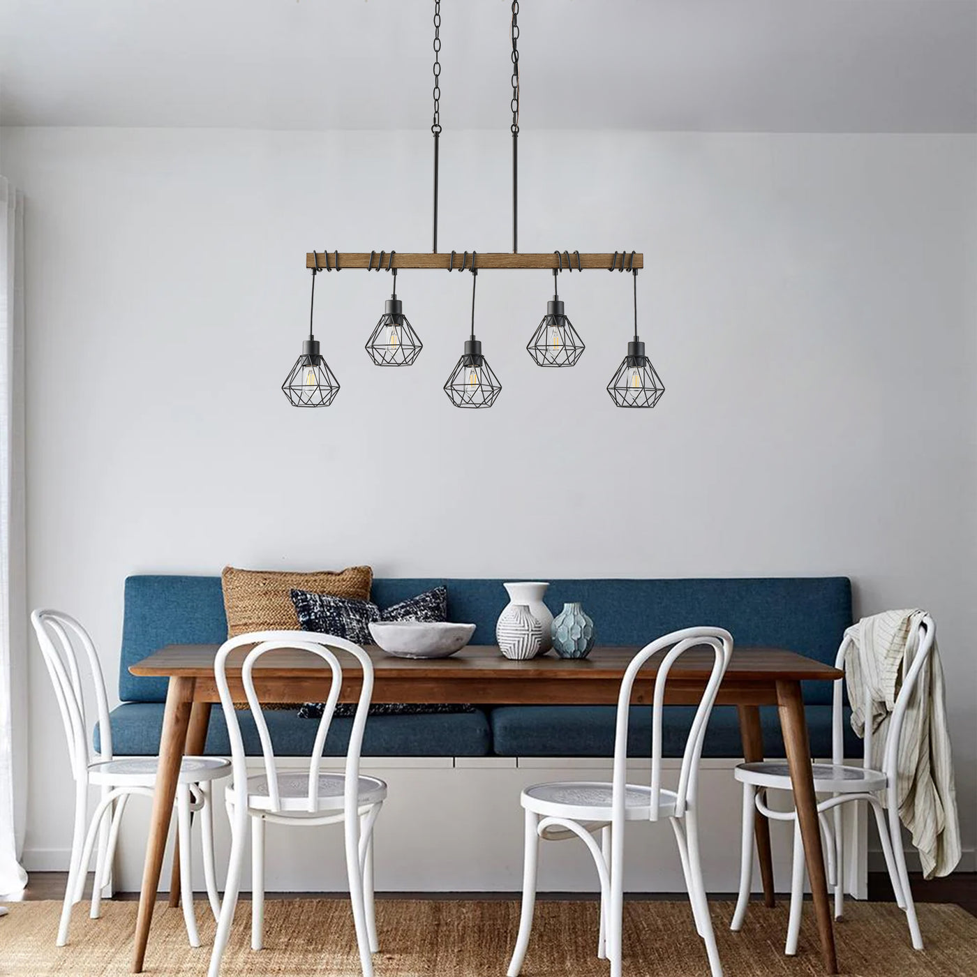 5-Light Farmhouse Chandelier, Rustic Kitchen Island Lighting with Wood Beam and Black Metal Cage Shades