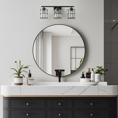 3-Light Black Crystal Wall Sconce, Industrial Vanity Light Fixture with Sparkling Crystal Lampshades