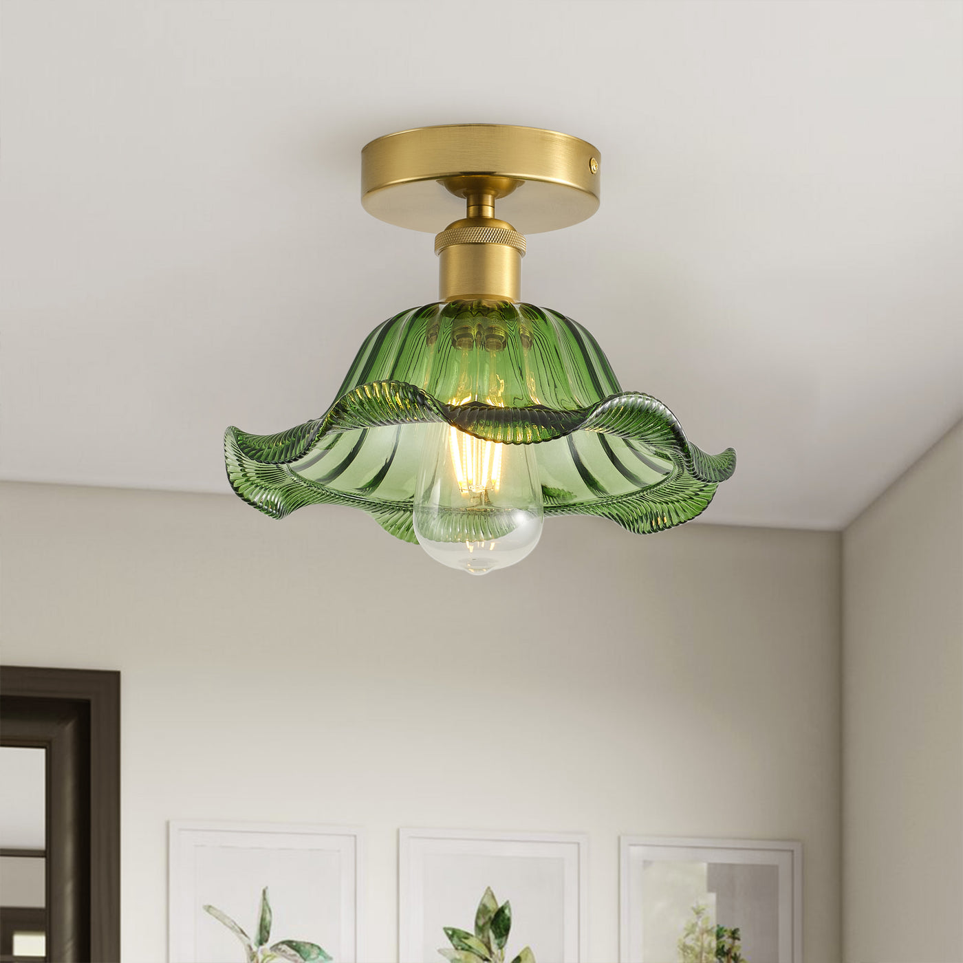 1-Light Retro Green Glass Ceiling Light Fixture, Brass Semi Flush Mount, E26 Vintage Farmhouse Lighting