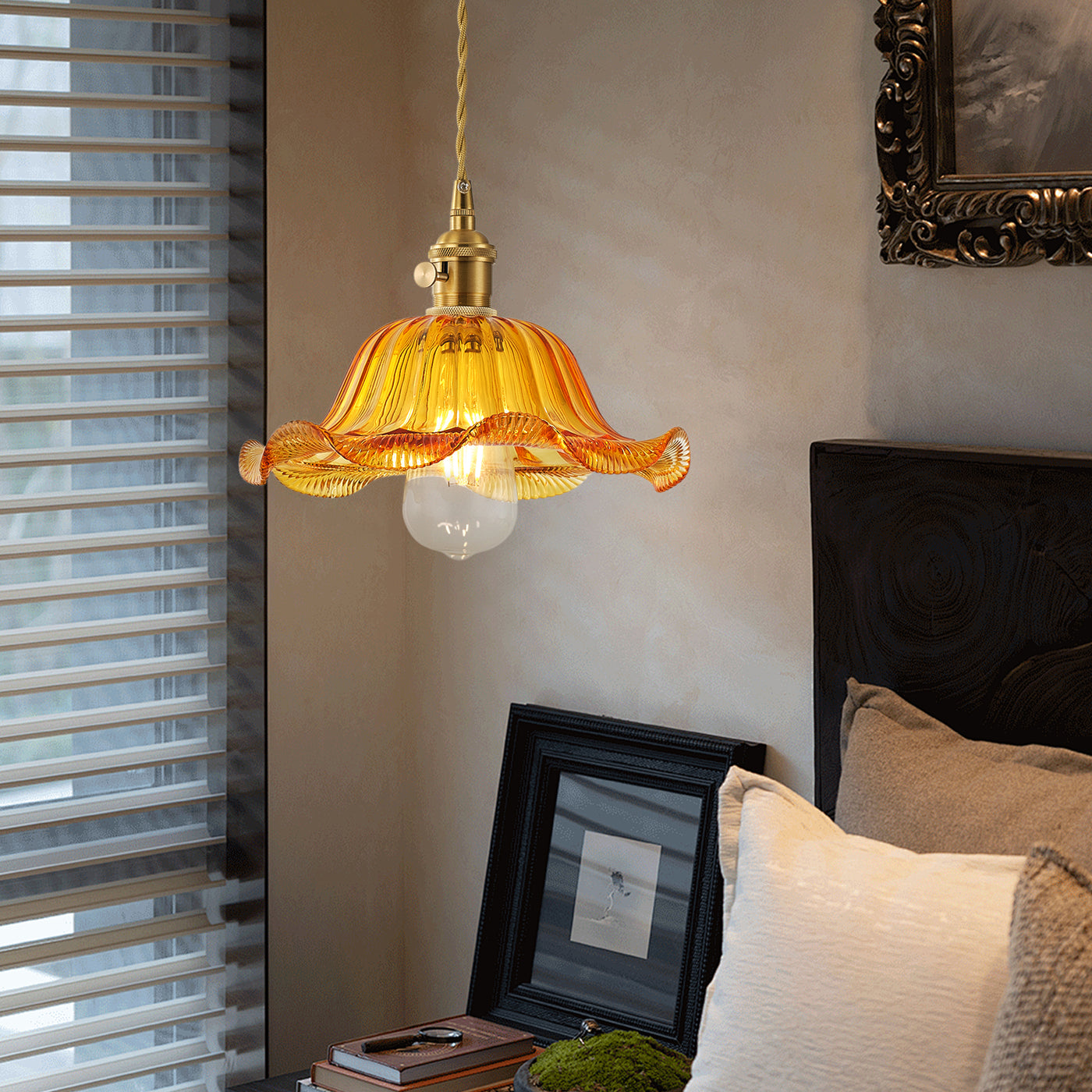1-Light Modern Amber Glass Pendant Light, Retro Hanging Ceiling Lamp