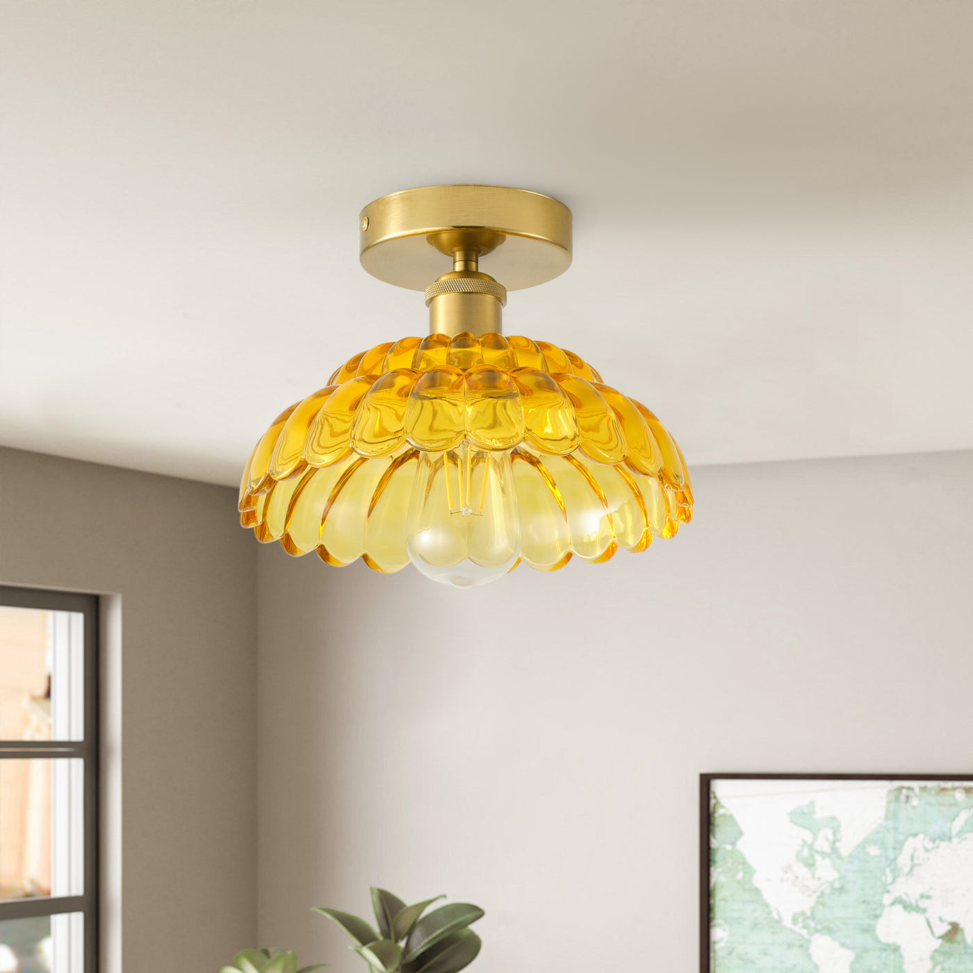 1-Light Modern Vintage Ceiling Light Fixture, Amber Glass Semi Flush Mount with Brass Finish