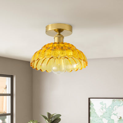 1-Light Modern Vintage Ceiling Light Fixture, Amber Glass Semi Flush Mount with Brass Finish