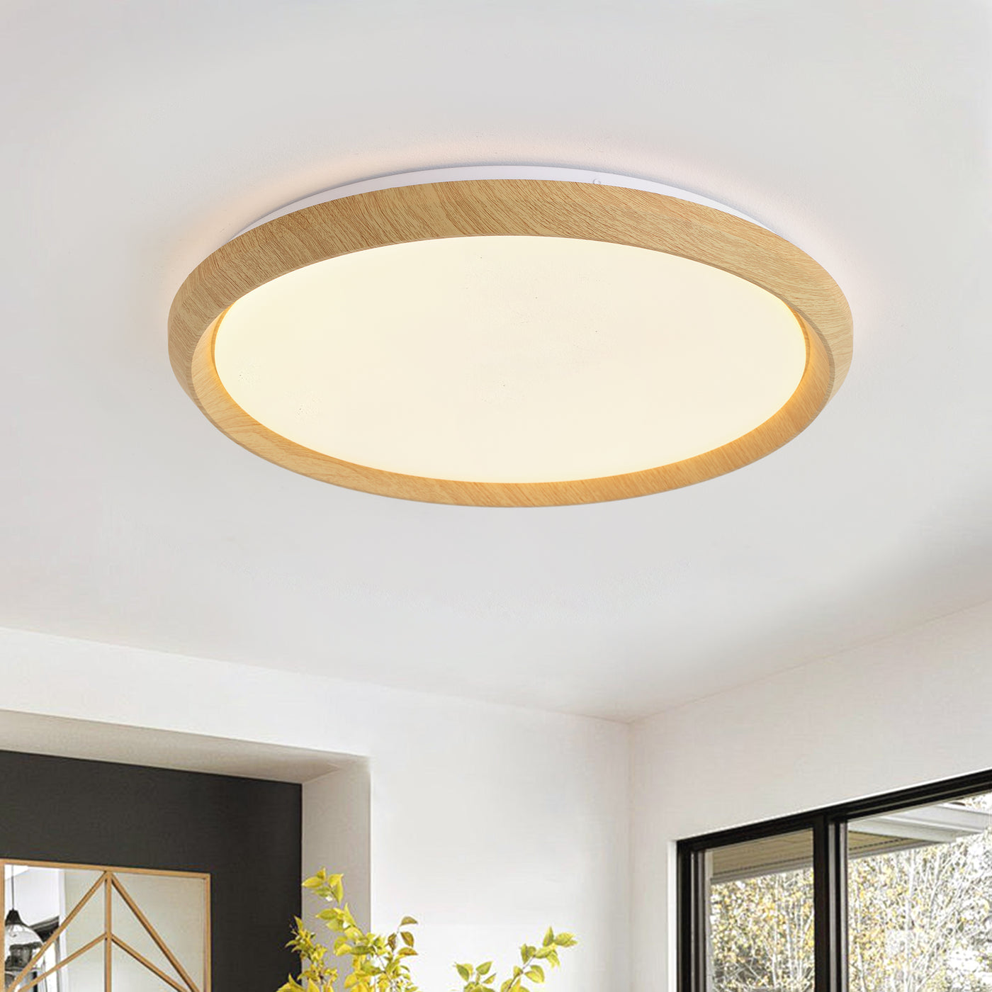 1 Light Natural Style LED Ceiling Light Wood Grain Frame  5CCT ETL Soft Glow