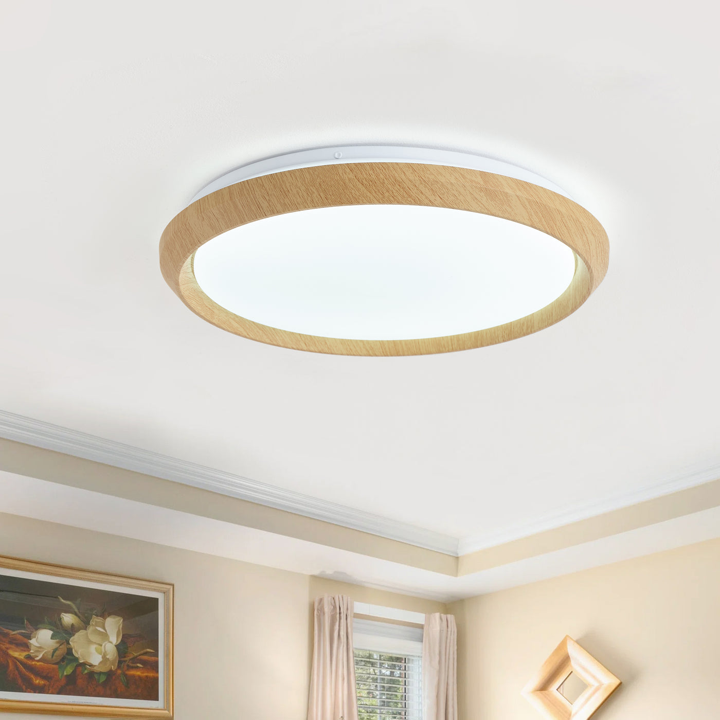 1 Light Natural Style LED Ceiling Light Wood Grain Frame  5CCT ETL Soft Glow