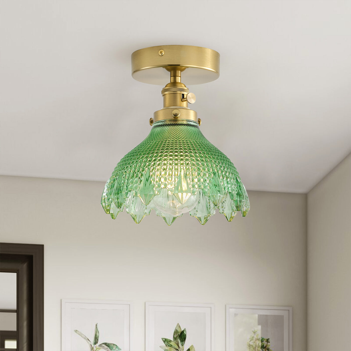 1-Light Mid-Century Semi Flush Ceiling Light, Brass Finish, Green Glass Shade,  for Hallway