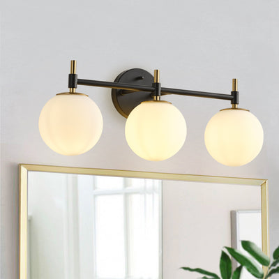 3-Light Black & Gold Vanity Light for Bathroom, Mid-Century Modern, Opal Globe Shades