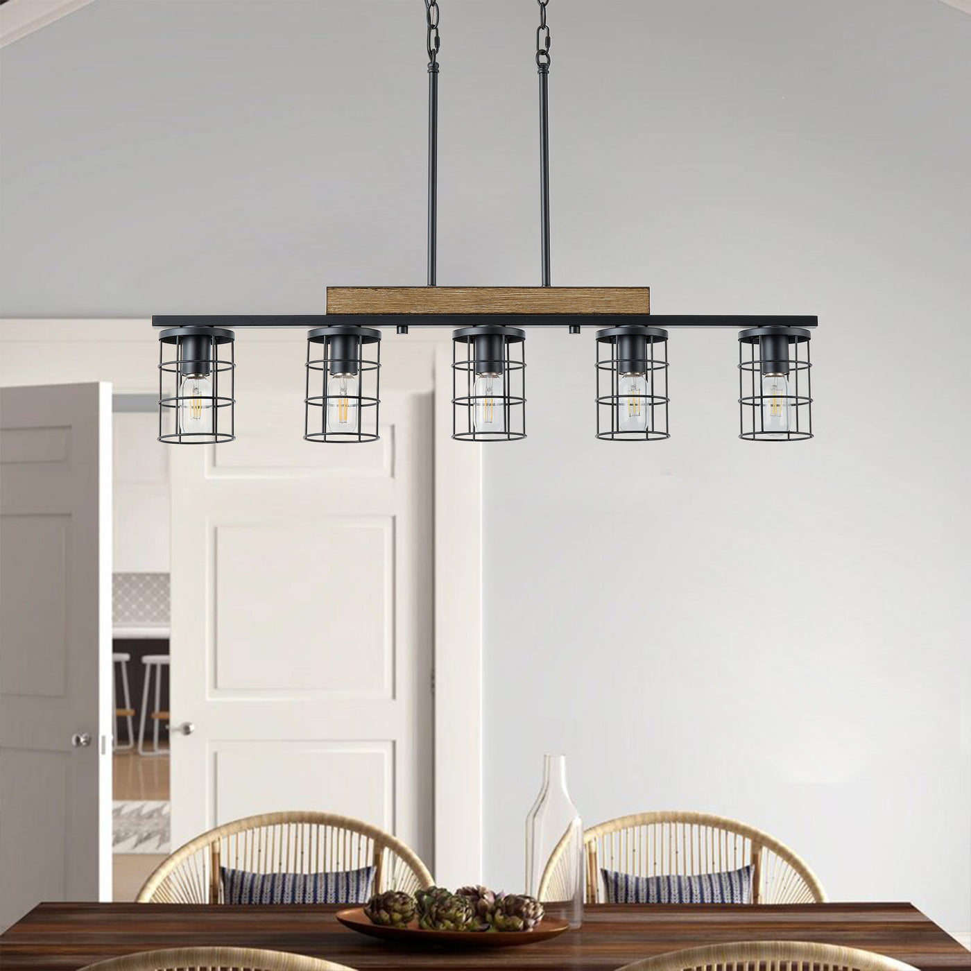 5‑Light Industrial Farmhouse Pendant Light 36.22 Inch Black Faux Wood Grain Iron Frame