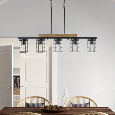 5‑Light Industrial Farmhouse Pendant Light 36.22 Inch Black Faux Wood Grain Iron Frame