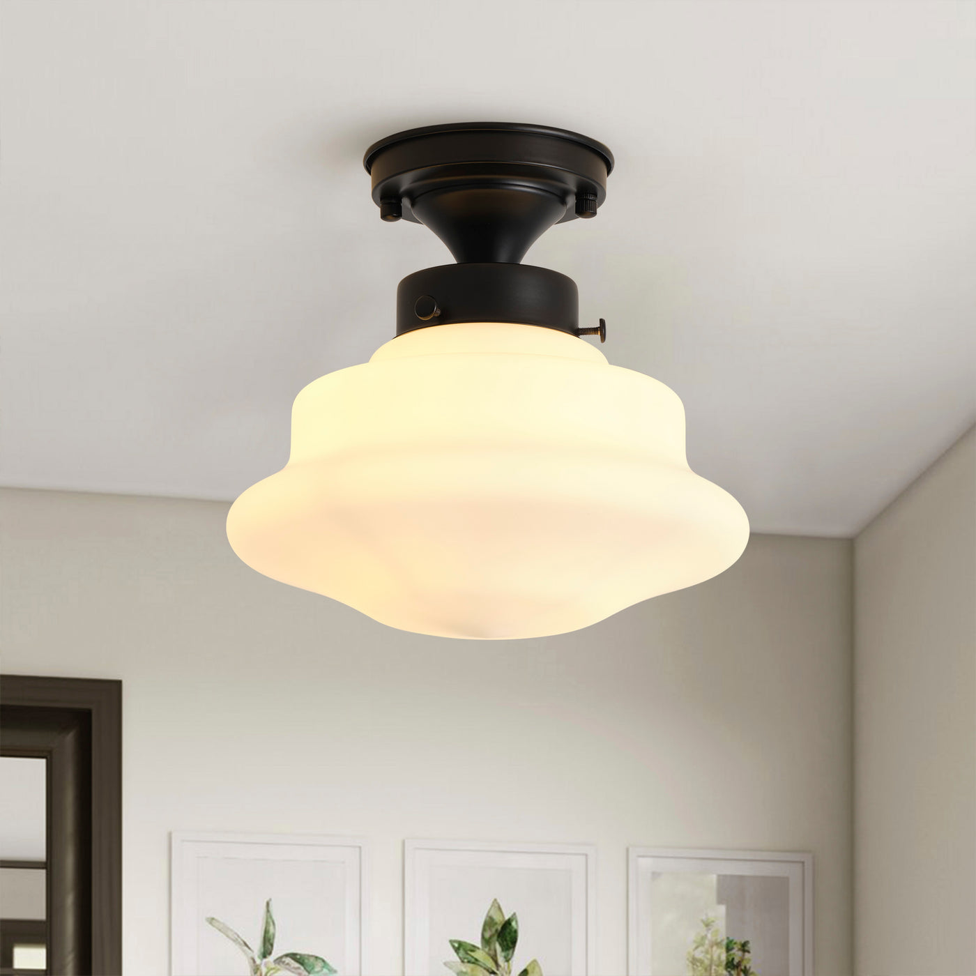 1 Light Retro Classic Semi Flush Mount Light Opal White Glass Shade Matte Black Ceiling Lamp