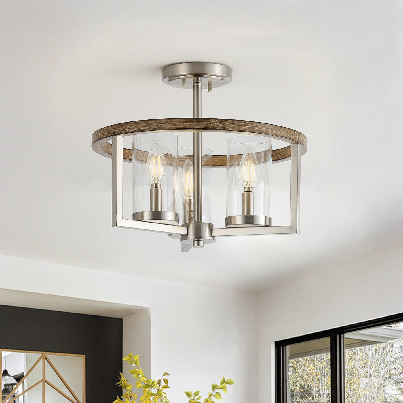 3 Light Industrial Semi Flush Mount Light Transparent Cylinder Shade High Transparency Glass for Dining Room Hallway