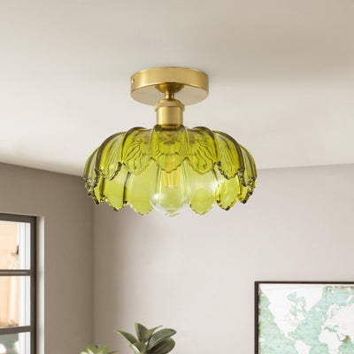 1-Light Semi Flush Mount Ceiling Light, Vintage Green Glass Shade with Antique Brass Base