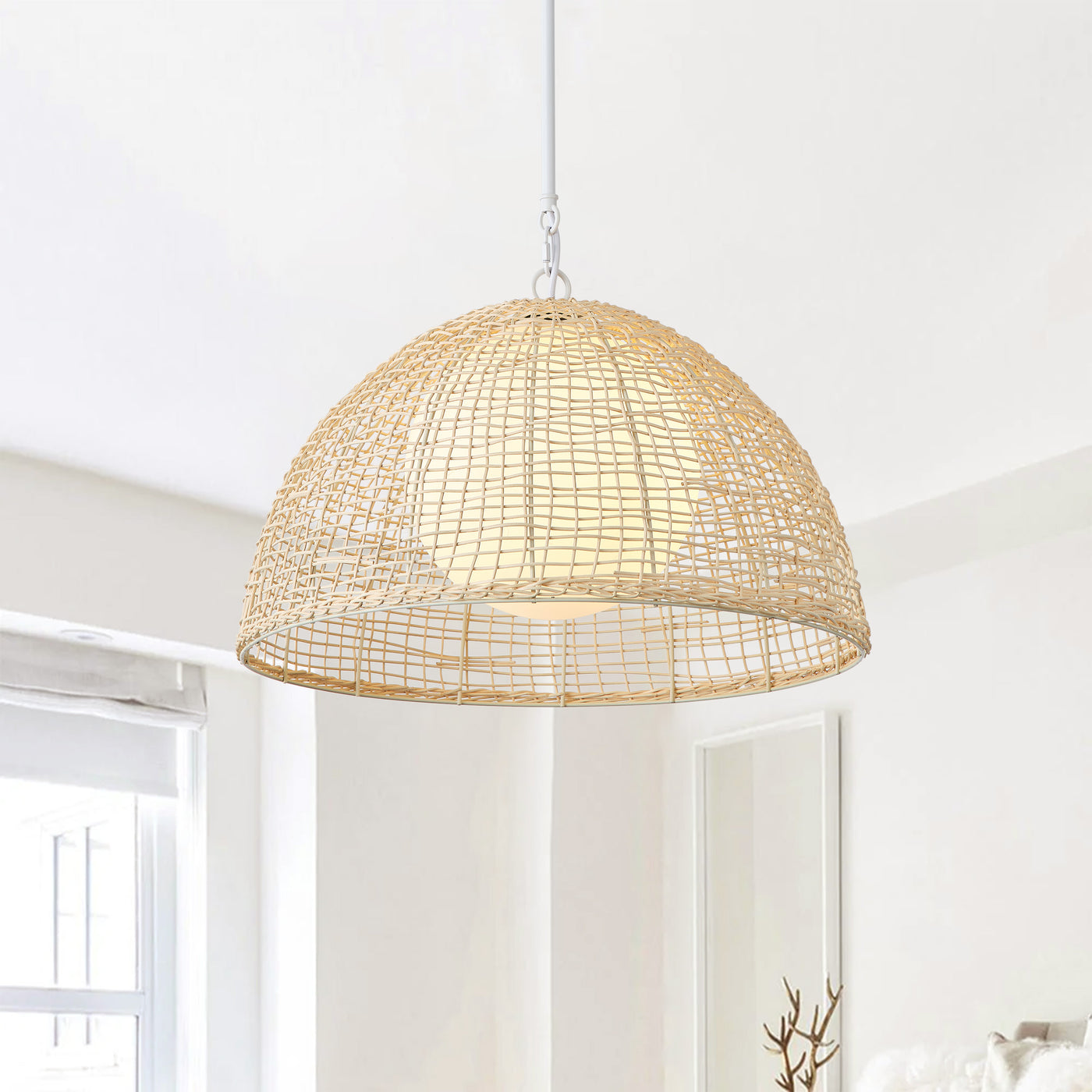 1 Light Boho Rattan Pendant Light Wicker Light Fixture Woven Dome For Kitchen Island Living Room