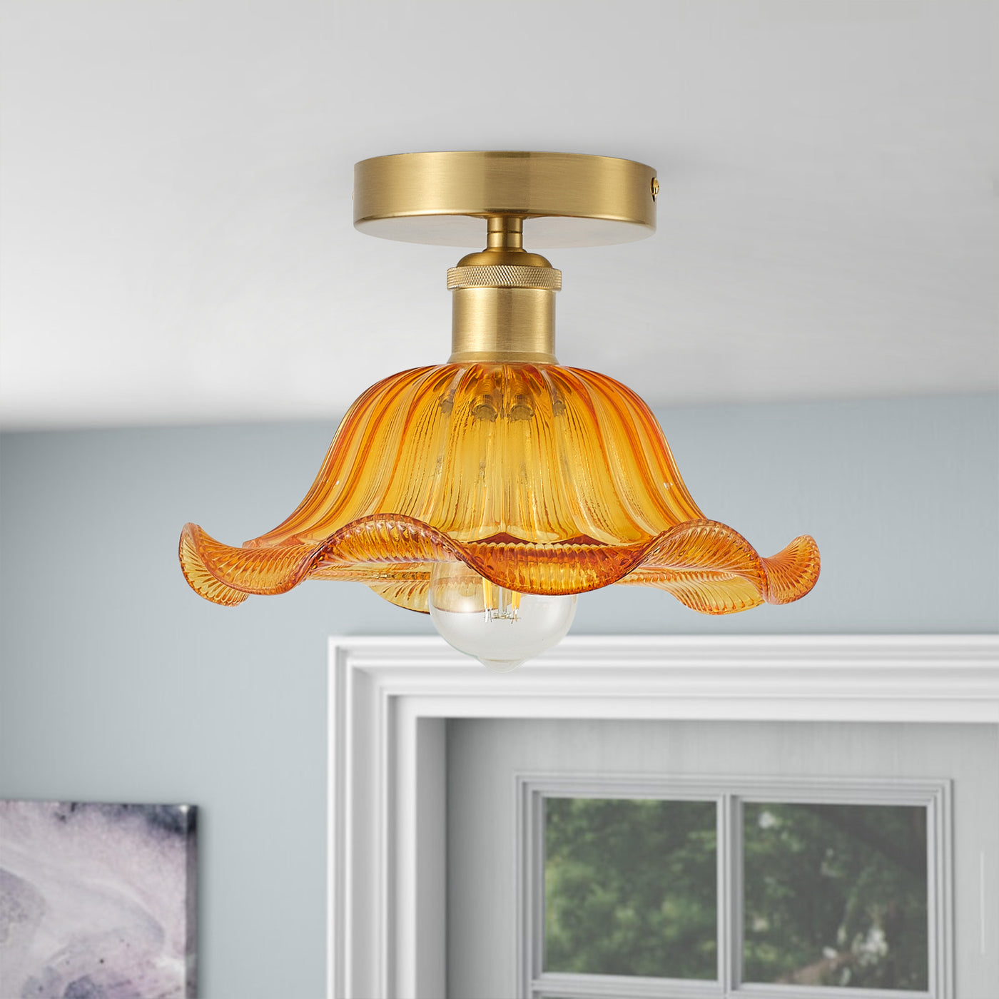 1-Light Vintage Amber Glass Flush Mount Ceiling Light  Flower Shade Fixture