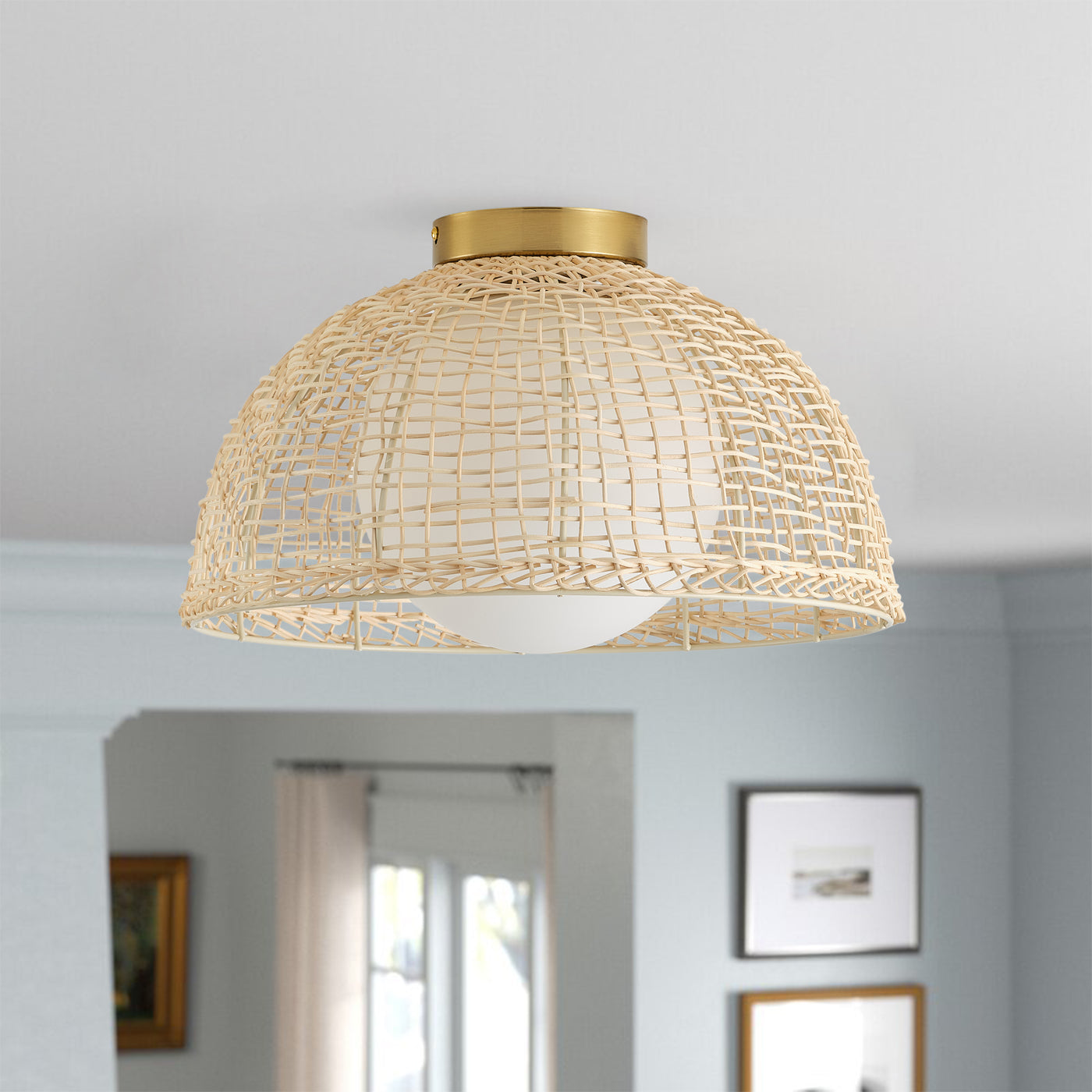 1-Light Boho Rattan Semi Flush Mount Ceiling Light,Frosted Globe