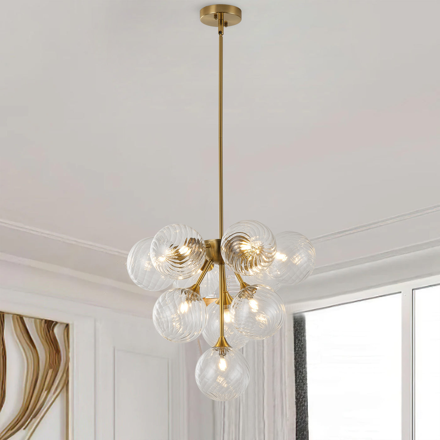 10-Light Art Deco Pendant Light, Brass & Clear Glass, Sloped-Ceiling Swivel, ETL for Kitchen