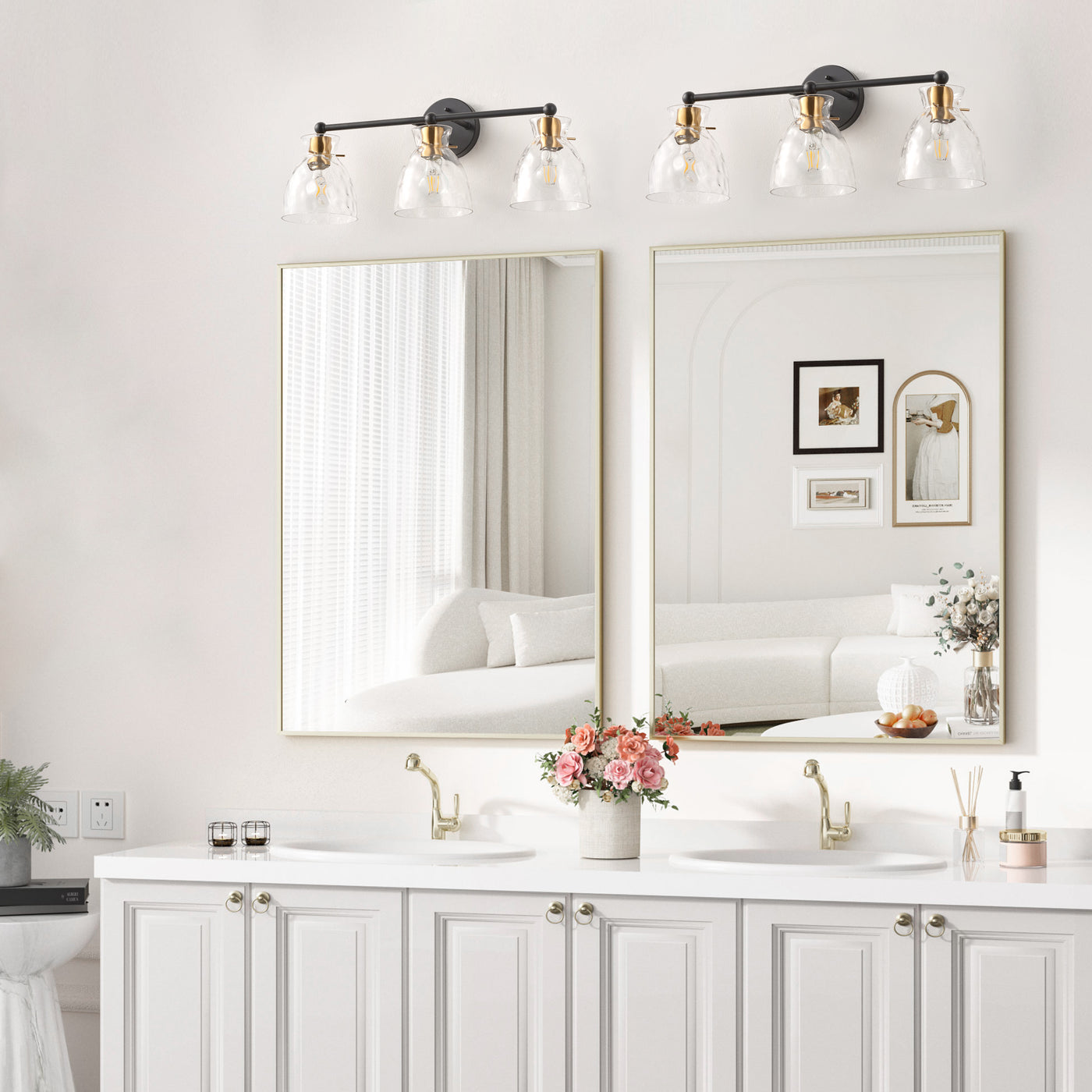 3-Light Modern Mirror Lamp Black with Brass-Textured Glass Dressing Table Lamp