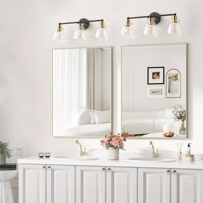 3-Light Modern Mirror Lamp Black with Brass-Textured Glass Dressing Table Lamp