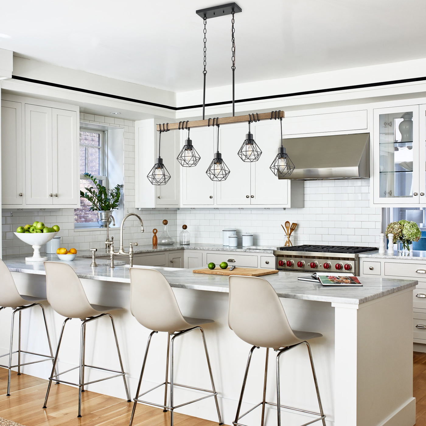 5-Light Farmhouse Chandelier, Rustic Kitchen Island Lighting with Wood Beam and Black Metal Cage Shades