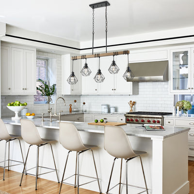 5-Light Farmhouse Chandelier, Rustic Kitchen Island Lighting with Wood Beam and Black Metal Cage Shades