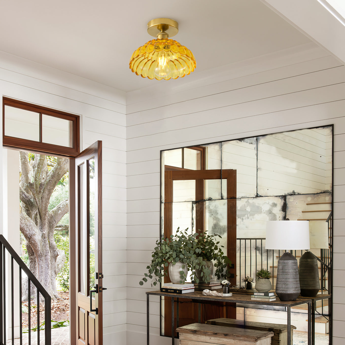 1-Light Modern Vintage Ceiling Light Fixture, Amber Glass Semi Flush Mount with Brass Finish